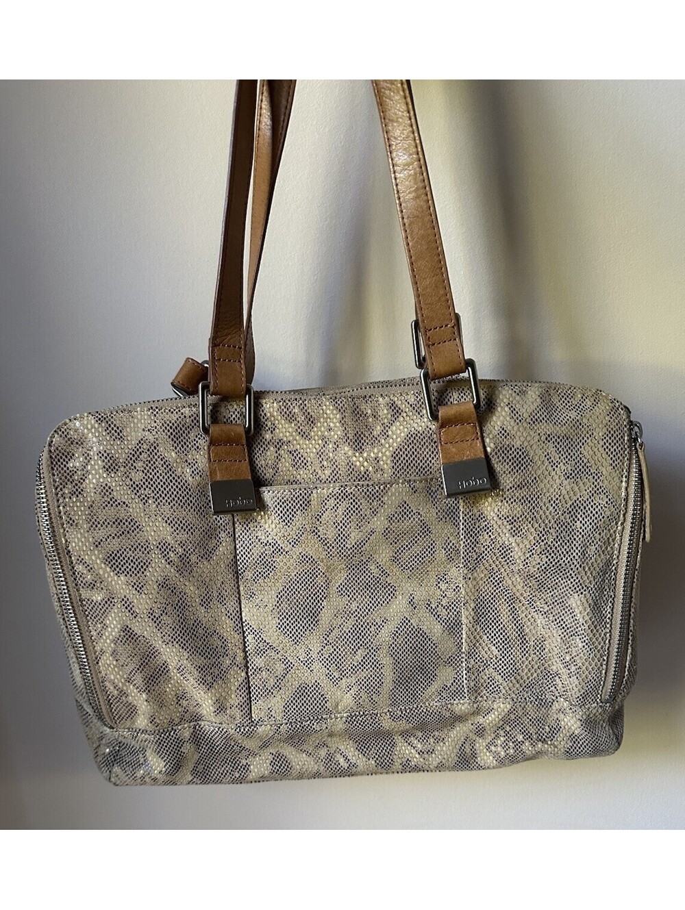 HOBO International Brown Leather Animal Print Satchel Handbag Sparkly Shimmer